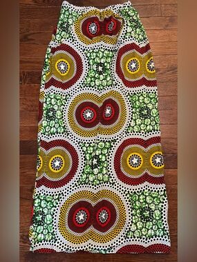 Veritable Wax Block Print African Ankara Maxi Skirt Cotton Boho Red Green Small